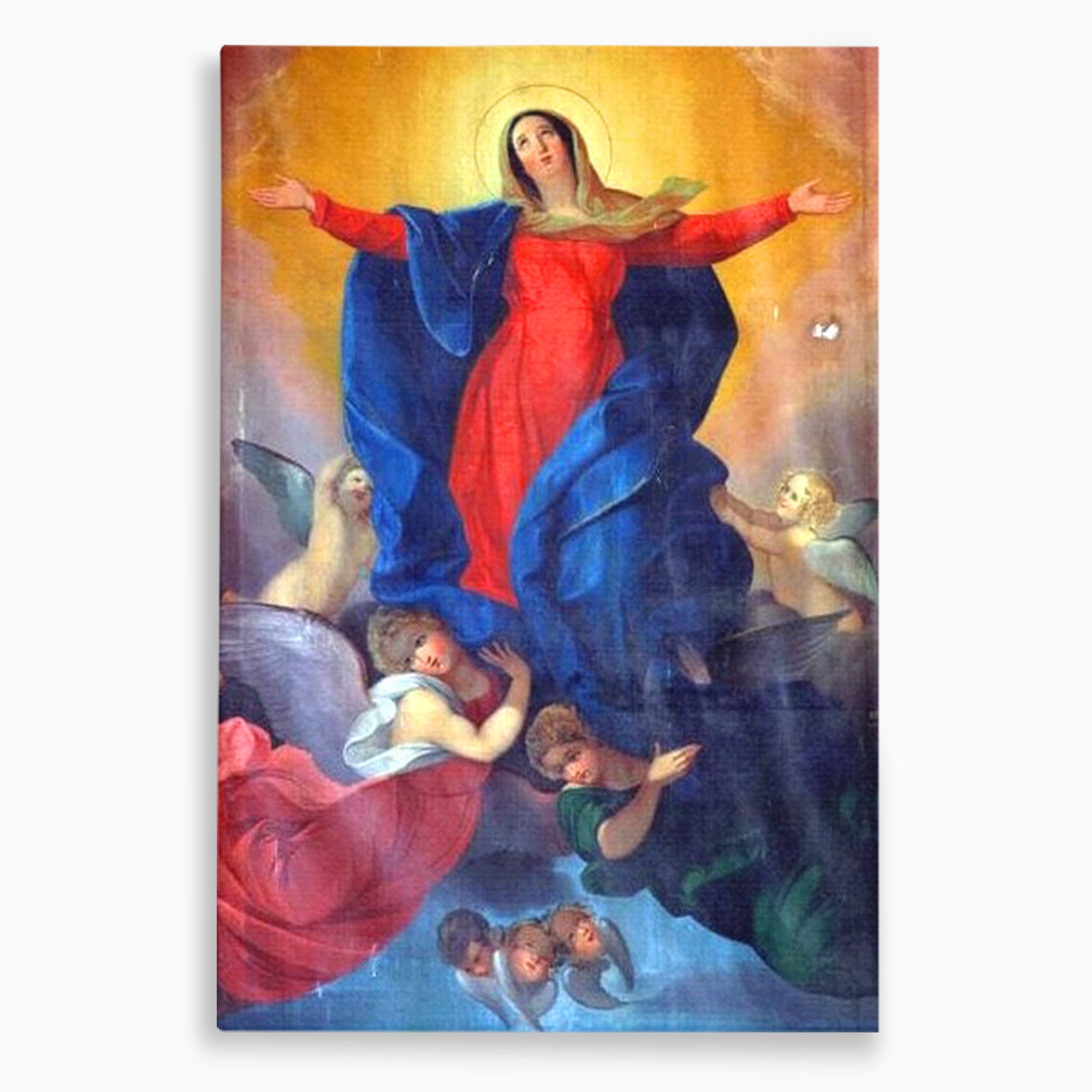 Tablou canvas cu tablou canvas cu fecioara si ingeri, fara rama, pe sasiu de lemn